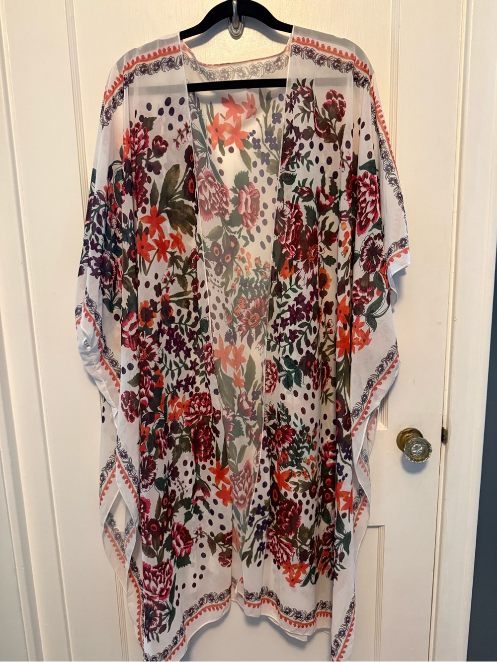 Sheer Floral Kimono Cover-Up in White with Multicolor Print